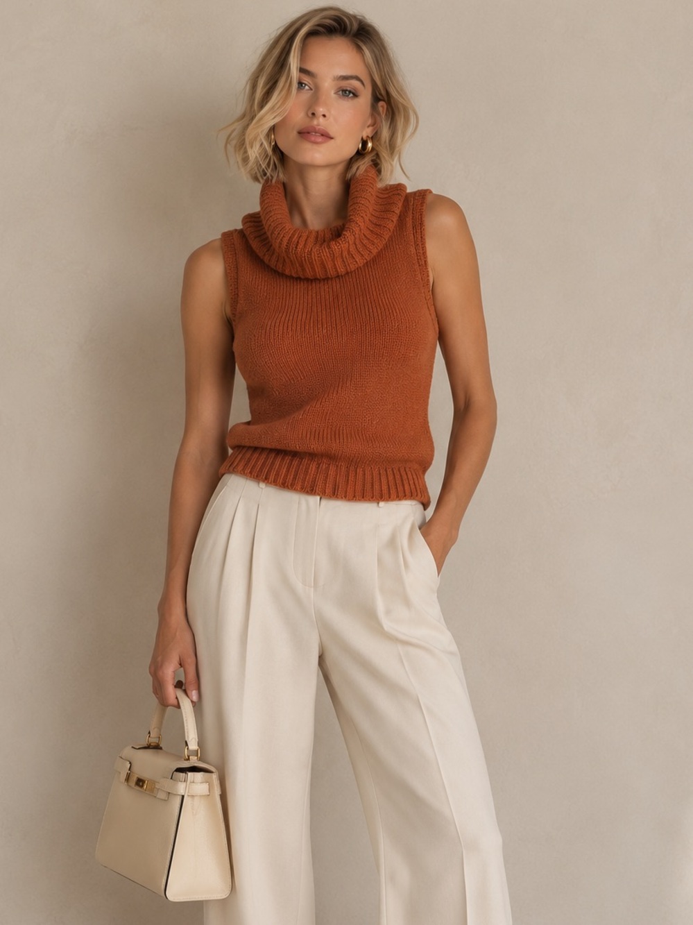 Sleeveless Ribbed Cowl Neck Sweater Top in Rust